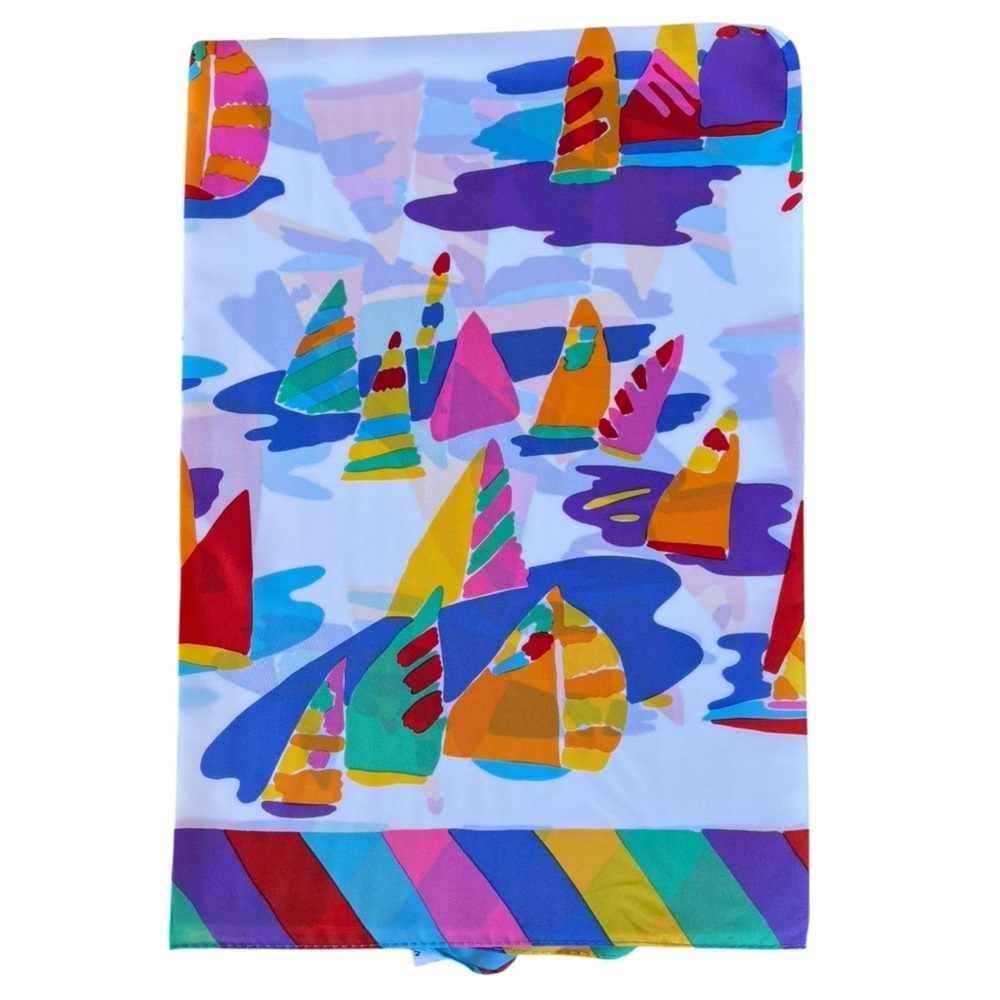 VTG 80s Ken Done Rainbow Sailboats Scarf Art-To-Wear Japan Colorful 24x24 NIP